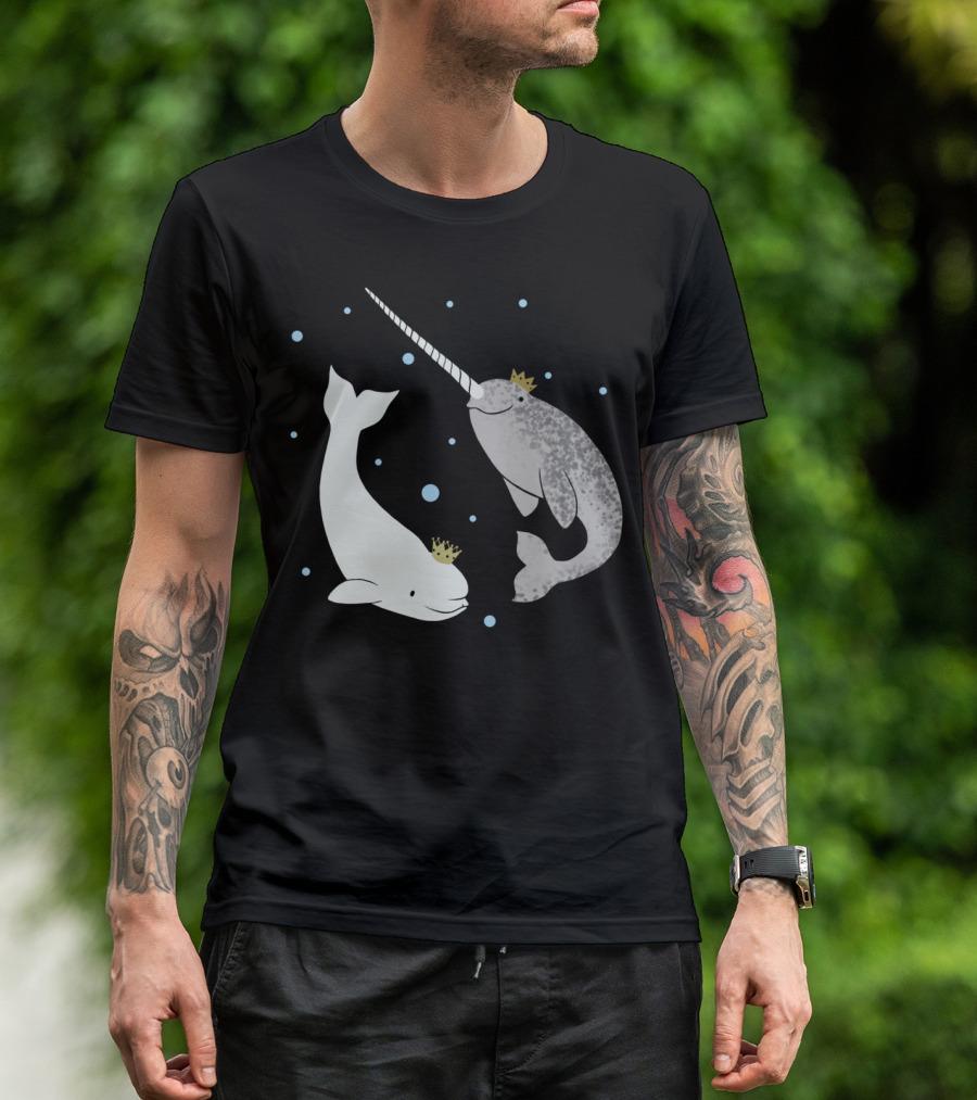 The Prince And Princess Of Whales Featuring Crowned Beluga And Narwhal With Bubbles T-Shirt