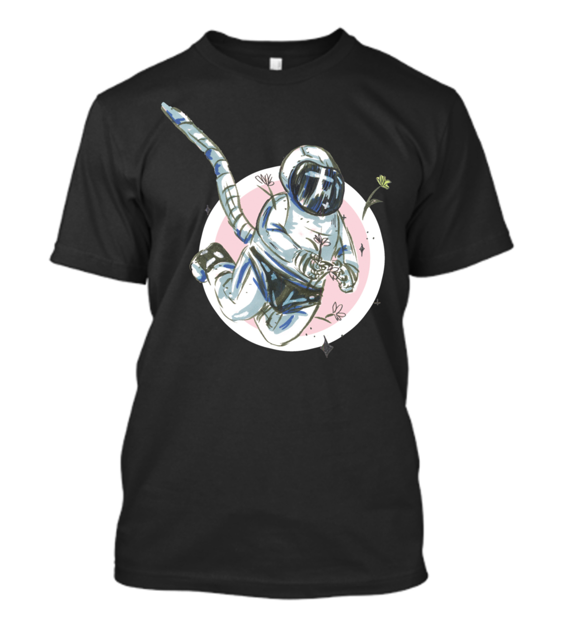 Astronaut Floating With Flowers In Cosmic Circle T-Shirt