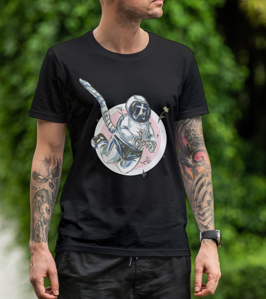 Astronaut Floating With Flowers In Cosmic Circle T-Shirt