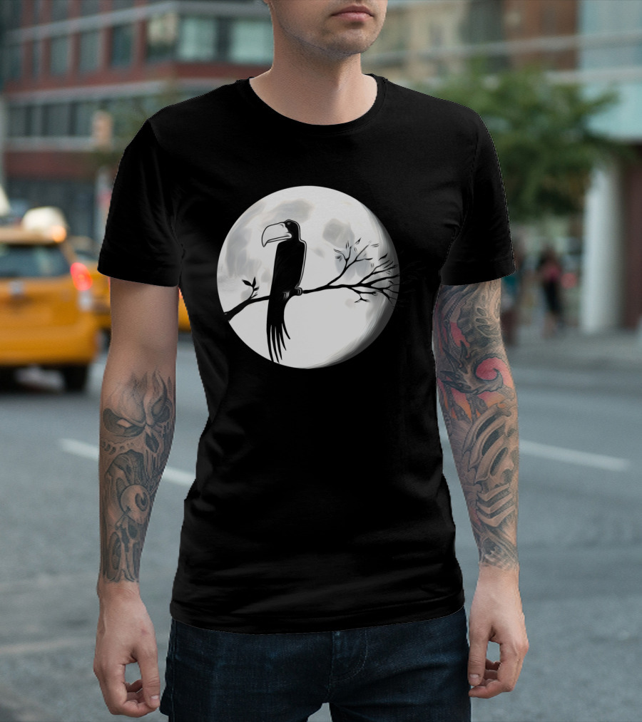 Black Bird on Branch Silhouette Against Full Moon T-Shirt