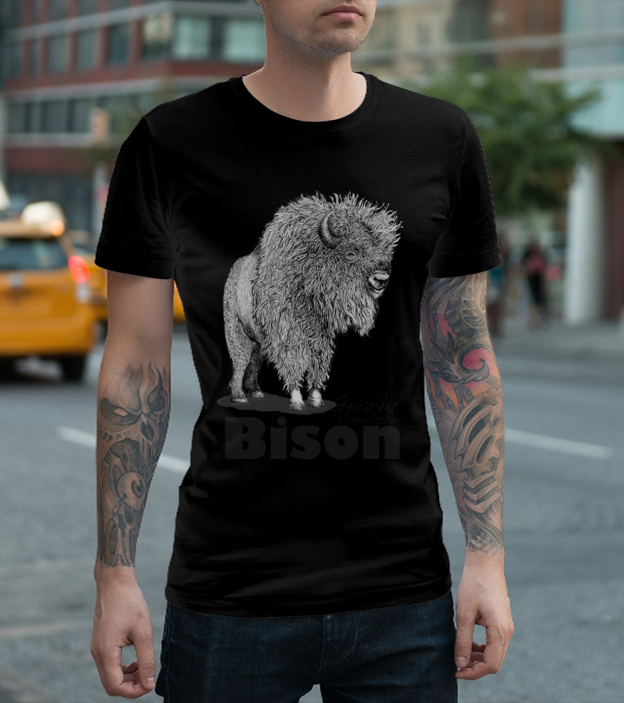Gnarly American Bison Illustration with Detailed Fur Texture T-Shirt