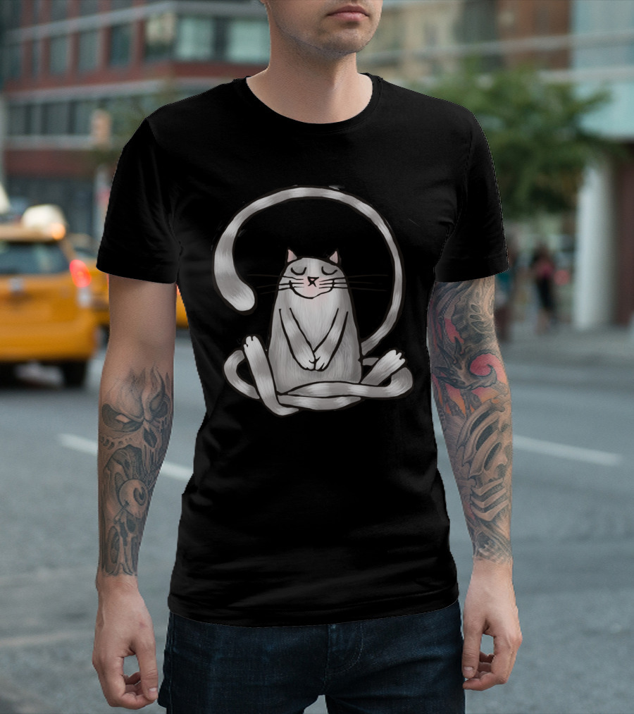 First Meditation Cat with Serene Pose and Whimsical Tail T-Shirt