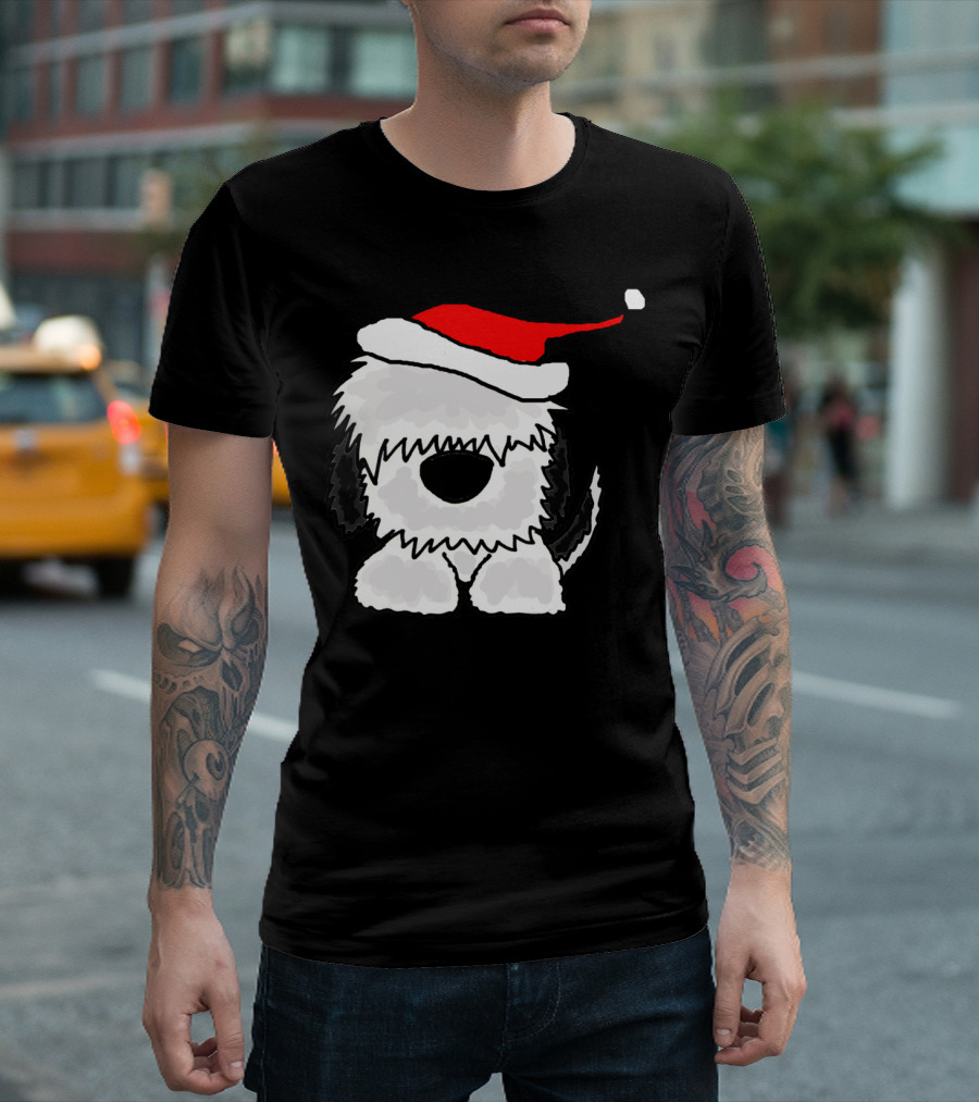 Adorable Old English Sheepdog Christmas Santa Hat T-Shirt