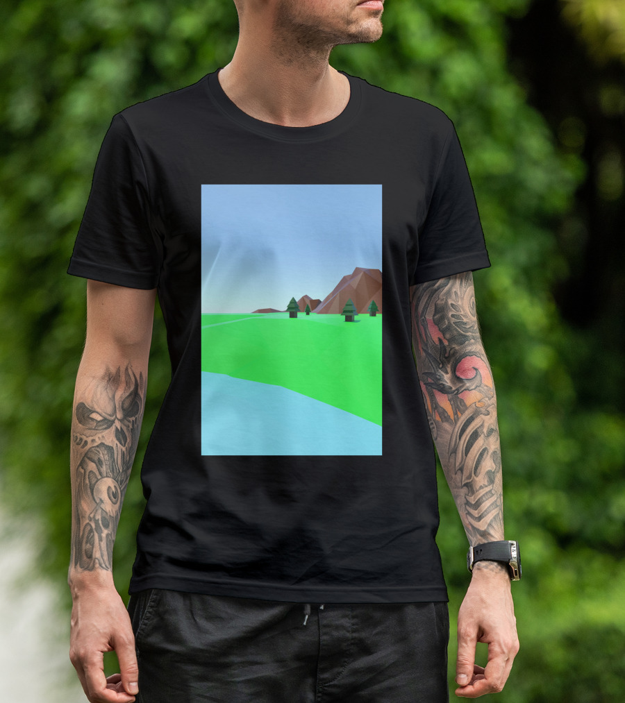 Field Low Poly Landscape With Mountains And Trees T-Shirt