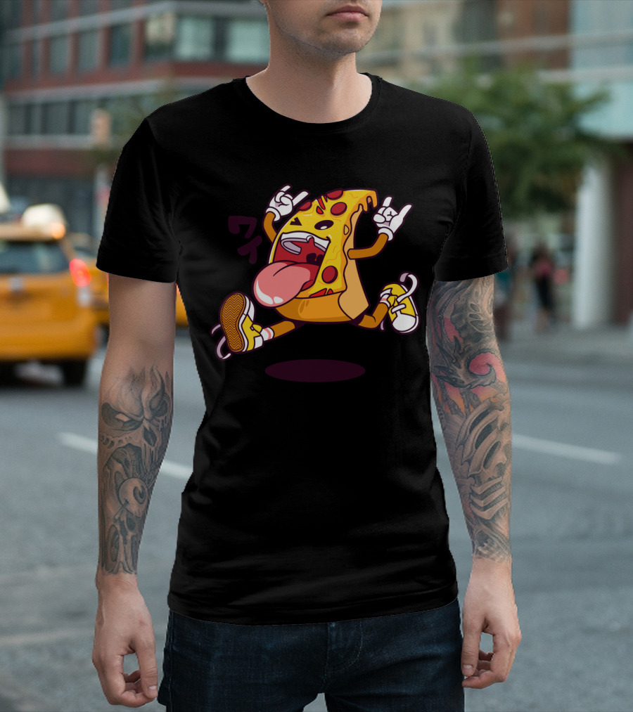 Jumping Pizza Slice With Rock On Gesture And Sneakers T-Shirt
