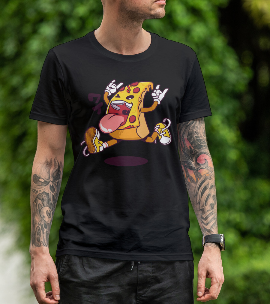 Jumping Pizza Slice With Rock On Gesture And Sneakers T-Shirt
