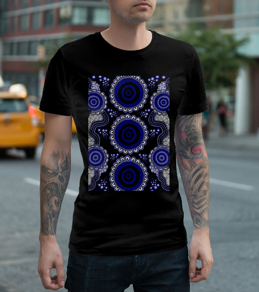 Authentic Aboriginal Art Gathering Circles Blue and White T-Shirt