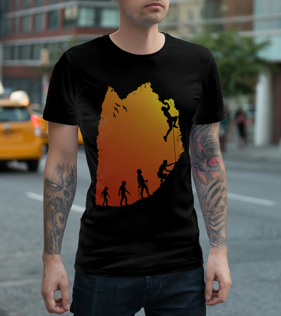 Climb Evolution of Rock Climbing Silhouette against Sunset Cliff Background T-Shirt