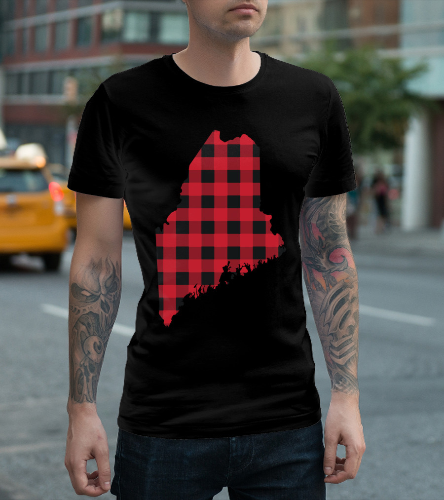 Buffalo Plaid Red and Black Maine State Outline T-Shirt