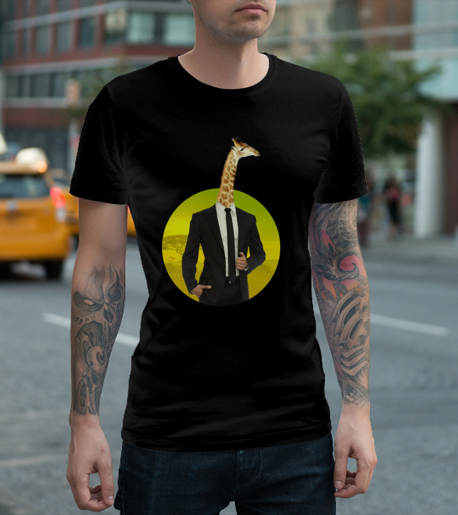 Mister Giraffe in a Suit with Yellow Background T-Shirt