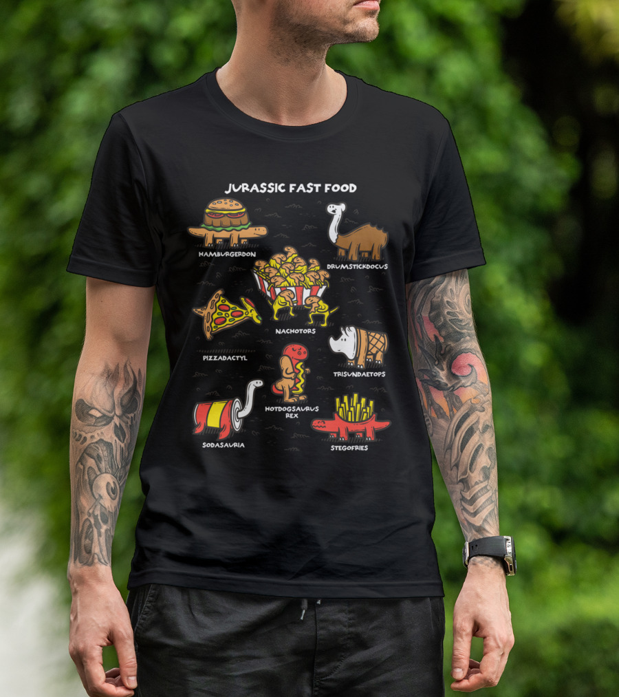 Jurassic Fast Food Hamburderdon Drumstickdocus Pizzadactyl Nachotors Hotdogsaurus Rex Trisundaetops Sodasauria Stegofries T-Shirt