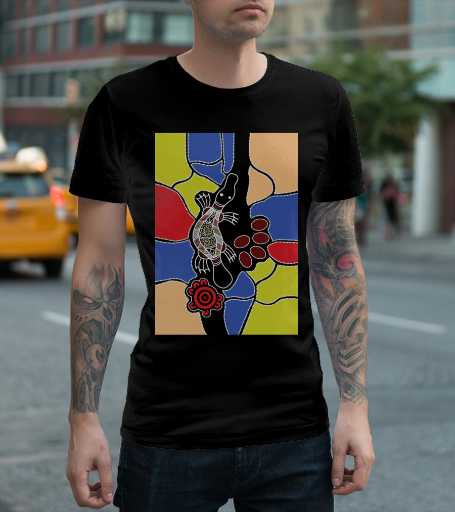 Authentic Aboriginal Art Platypus Dream Pattern with Vibrant Colors T-Shirt
