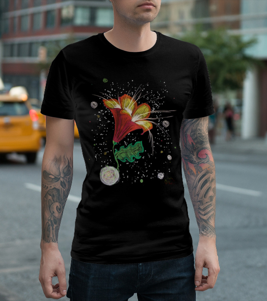 Red Lily Blooming in Cosmic Space with Swirling Stars T-Shirt