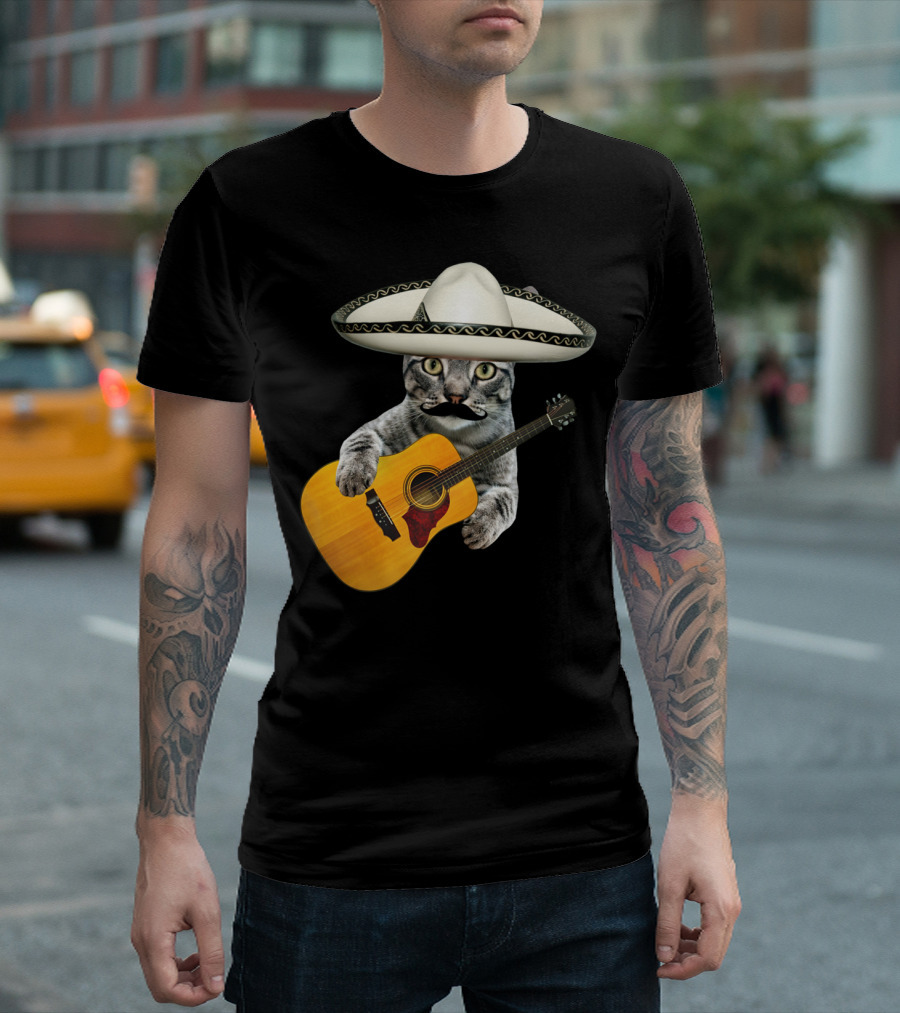 Mexican Cat Playing Guitar with Sombrero Ándale Ándale T-Shirt