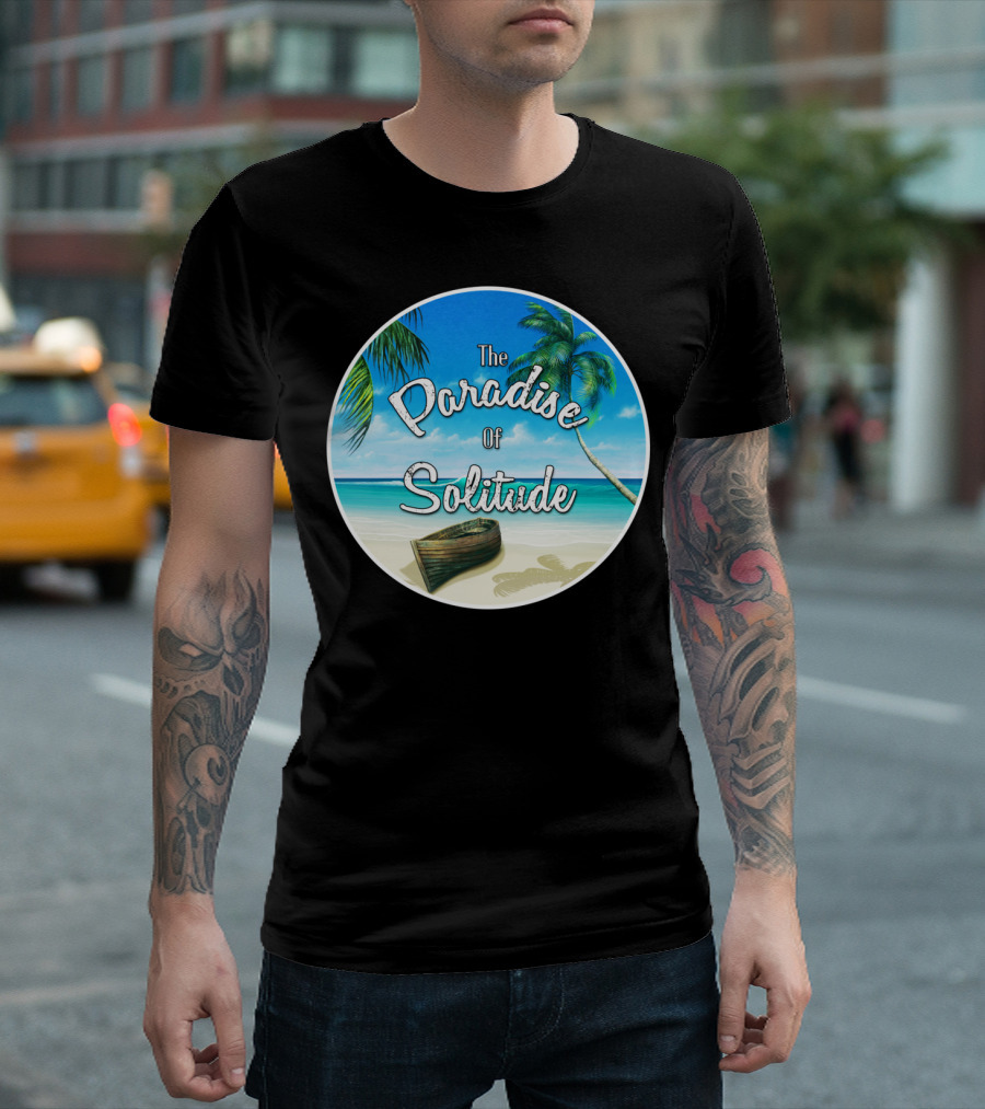 The Paradise Of Solitude Ocean View with Palm Trees and Boat T-Shirt