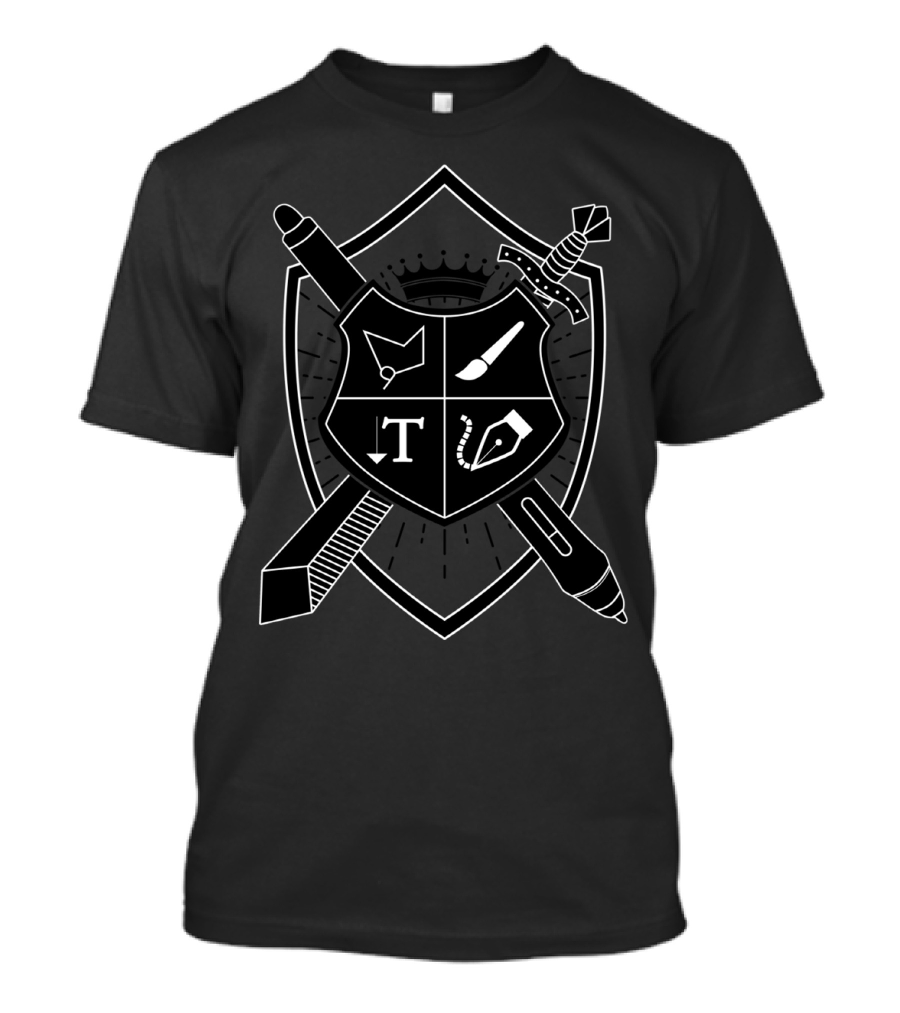 The Pen Is Mightier Than The Sword Shield Emblem With Brush Pencil And Ruler T-Shirt