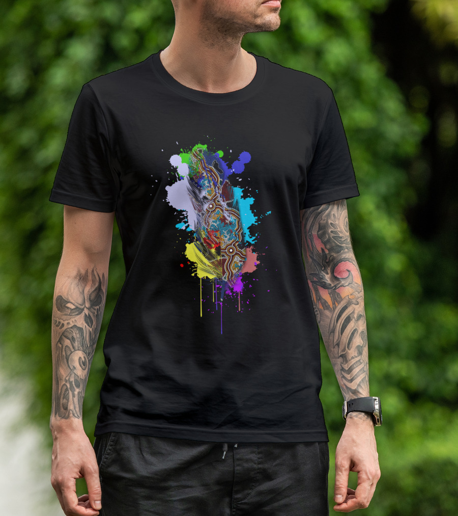 Authentic Aboriginal Art Walking The Rainbow Splash Feather T-Shirt