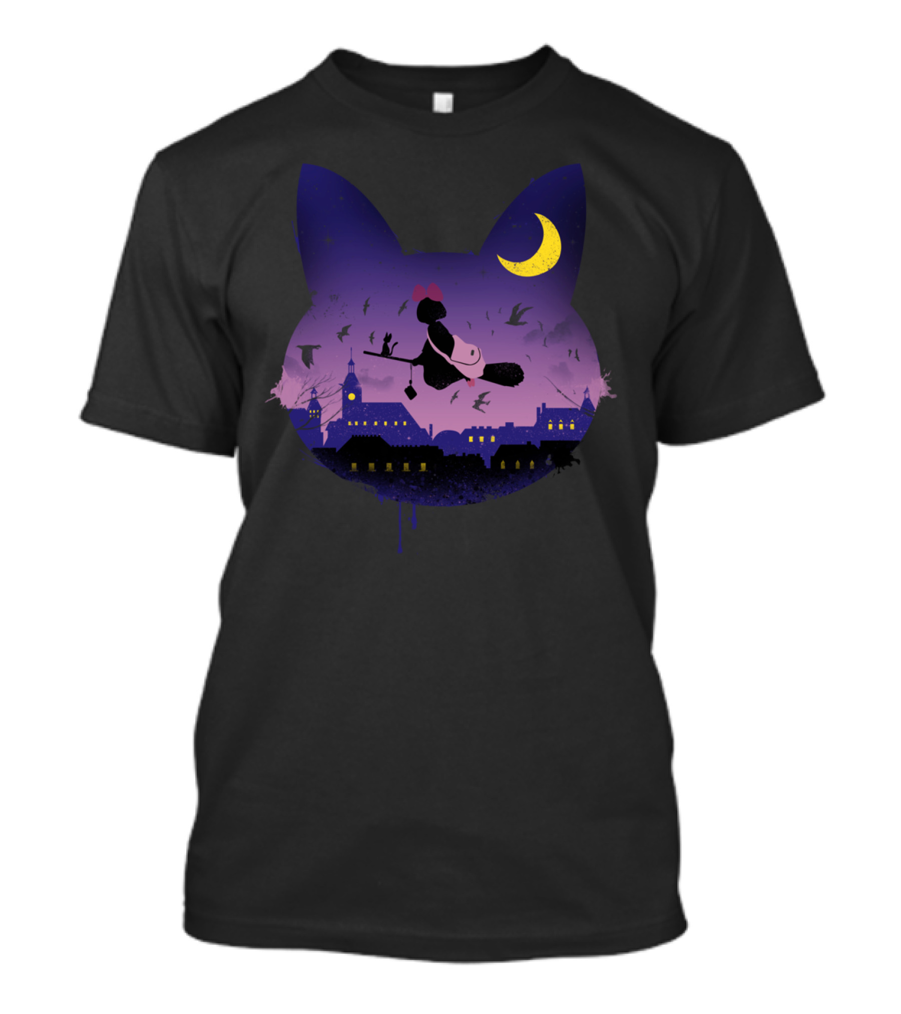 Midnight Cat Stroll Witch Broomstick City Silhouette Moonlit Sky T-Shirt
