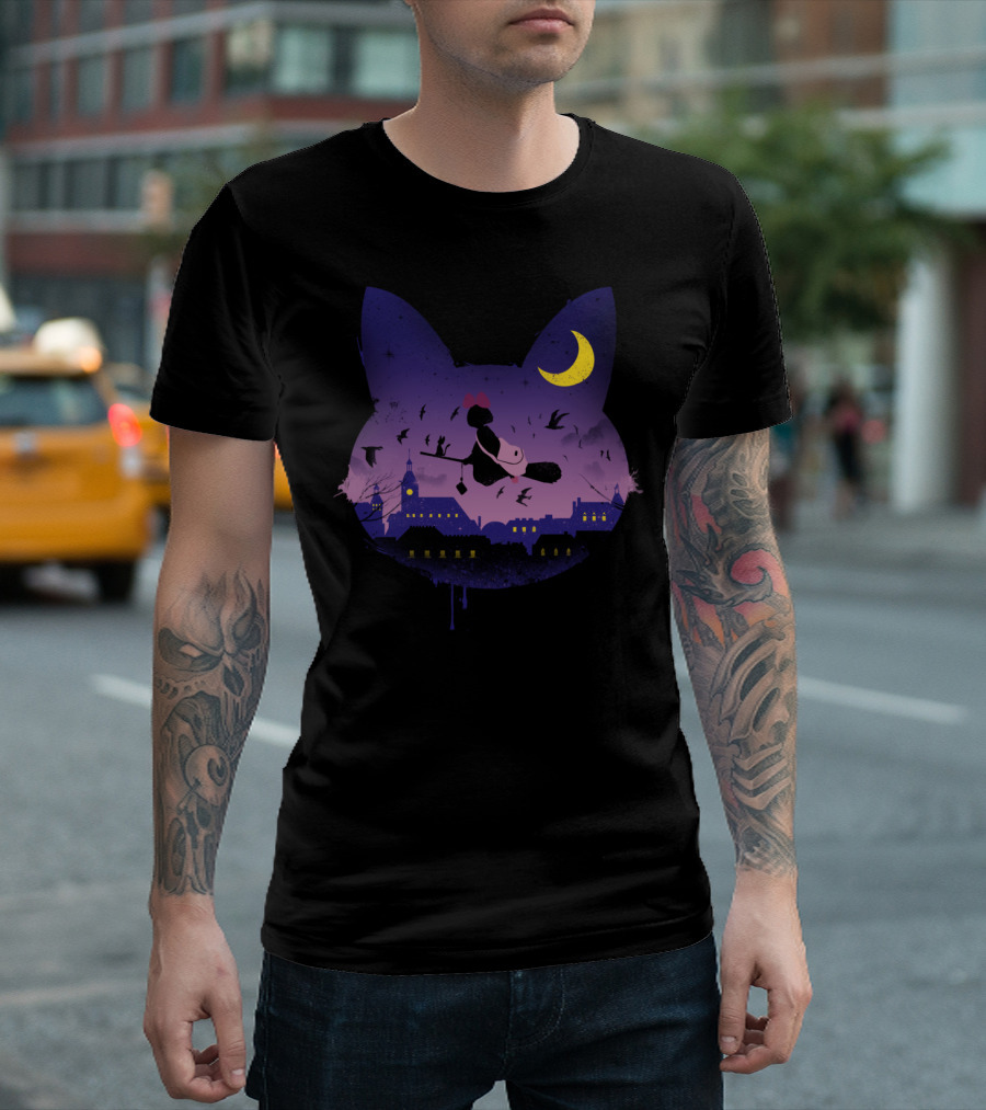 Midnight Cat Stroll Witch Broomstick City Silhouette Moonlit Sky T-Shirt