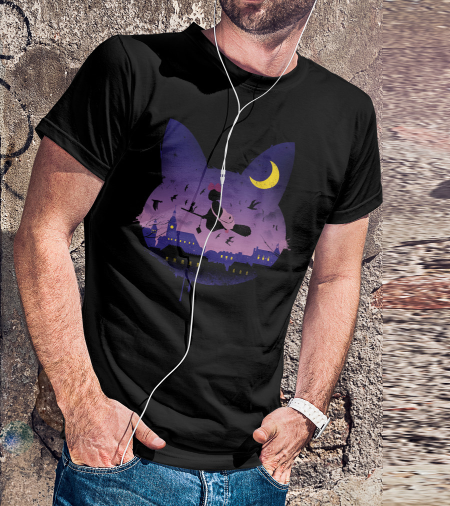 Midnight Cat Stroll Witch Broomstick City Silhouette Moonlit Sky T-Shirt