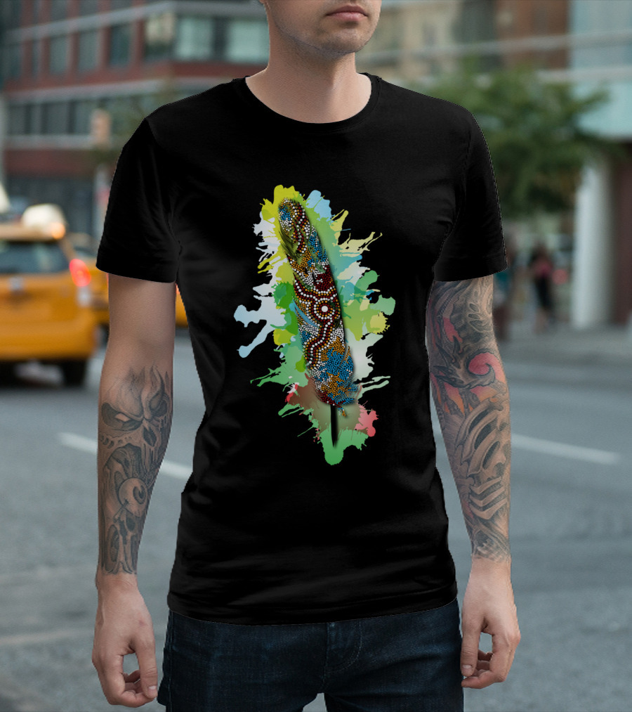 Authentic Aboriginal Art Wetland Feat Dot Painted Feather on Colorful Splash T-Shirt
