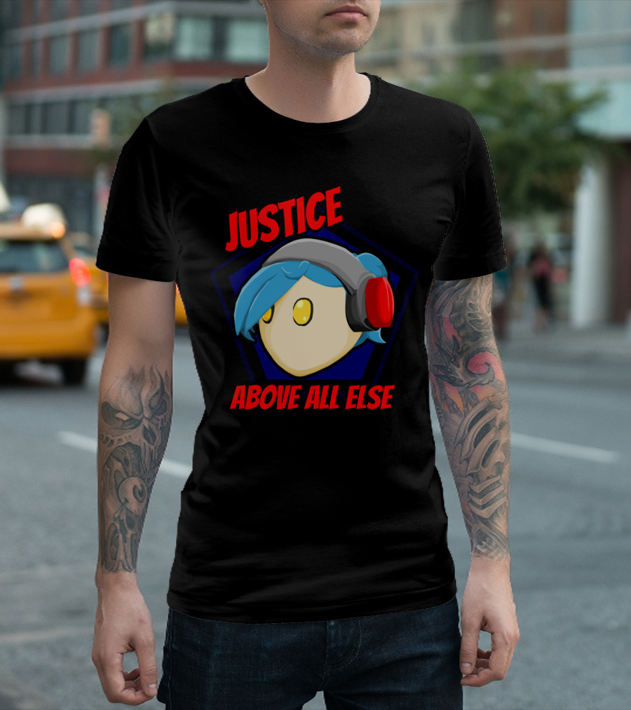 Justice Above All Else Blue-Haired Headphone Character T-Shirt