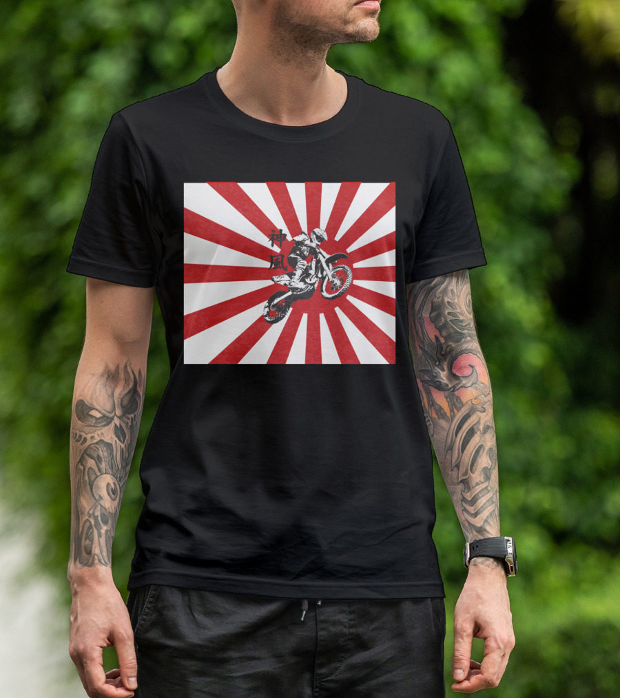 Kamikaze Motocross Rising Sun Motif Japan Kanji T-Shirt