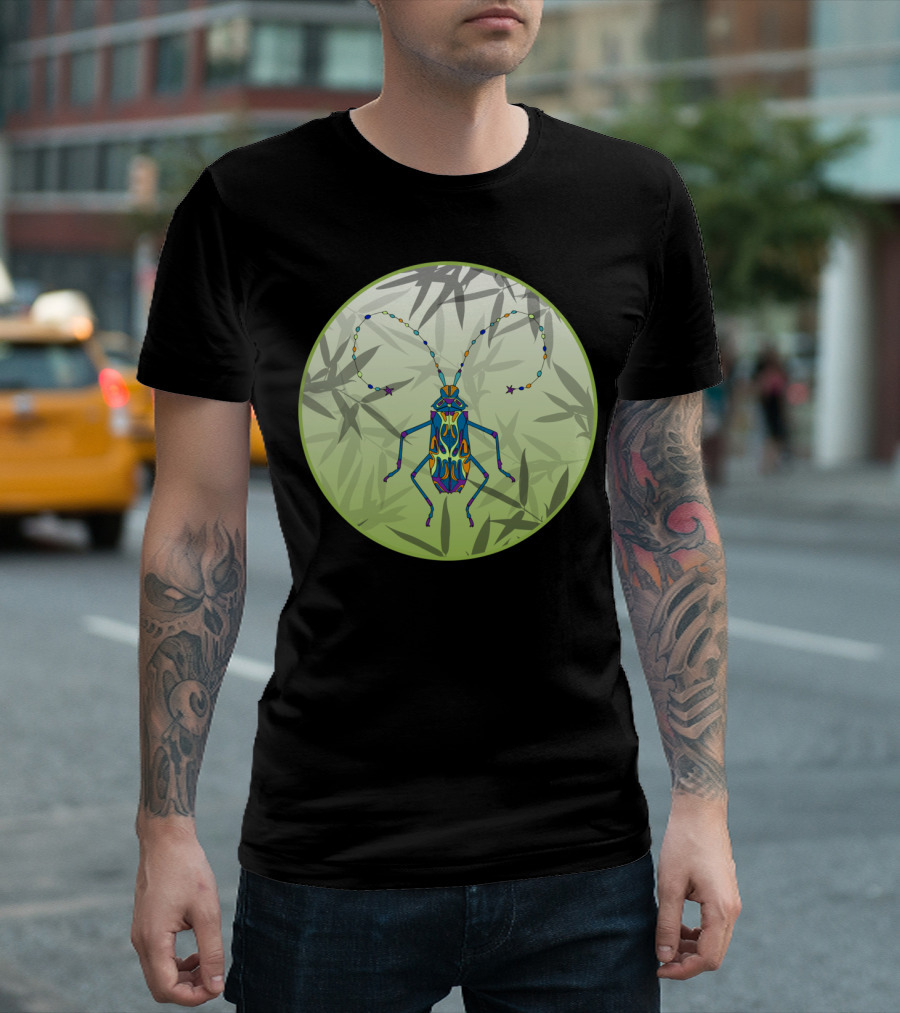 Colorful Insect with Bamboo Leaves and Unique T-Shirt