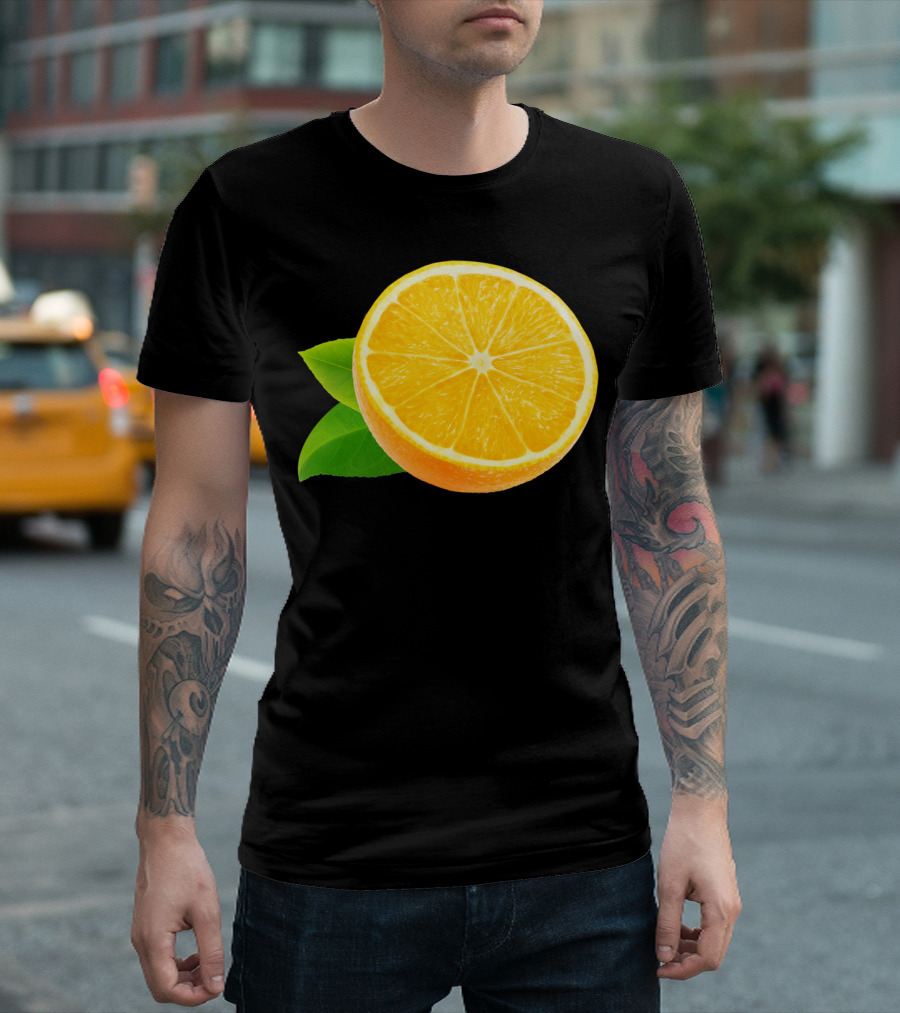 Half Of Orange Fruit Slice With Leaves T-Shirt