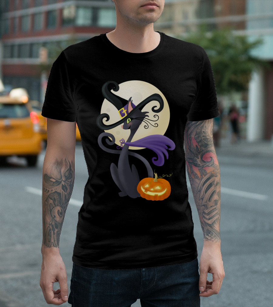 Bewitching Halloween Kitty Cat with Witch Hat and Pumpkin T-Shirt
