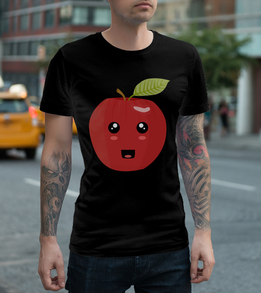 Kawaii Apple Cute Face with Leaf Cartoon T-Shirt
