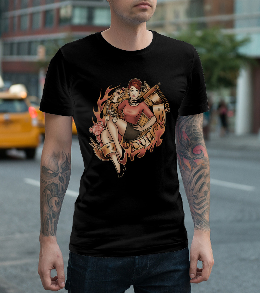 DUH Vicious Lady with Flaming Chainsaw and Baby Leopard T-Shirt