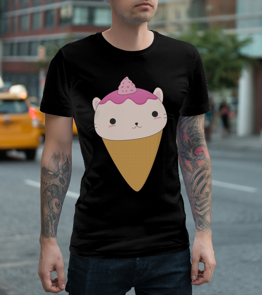 Kawaii Cat Ice Cream Cone Pastel Pink Whipped Topping T-Shirt