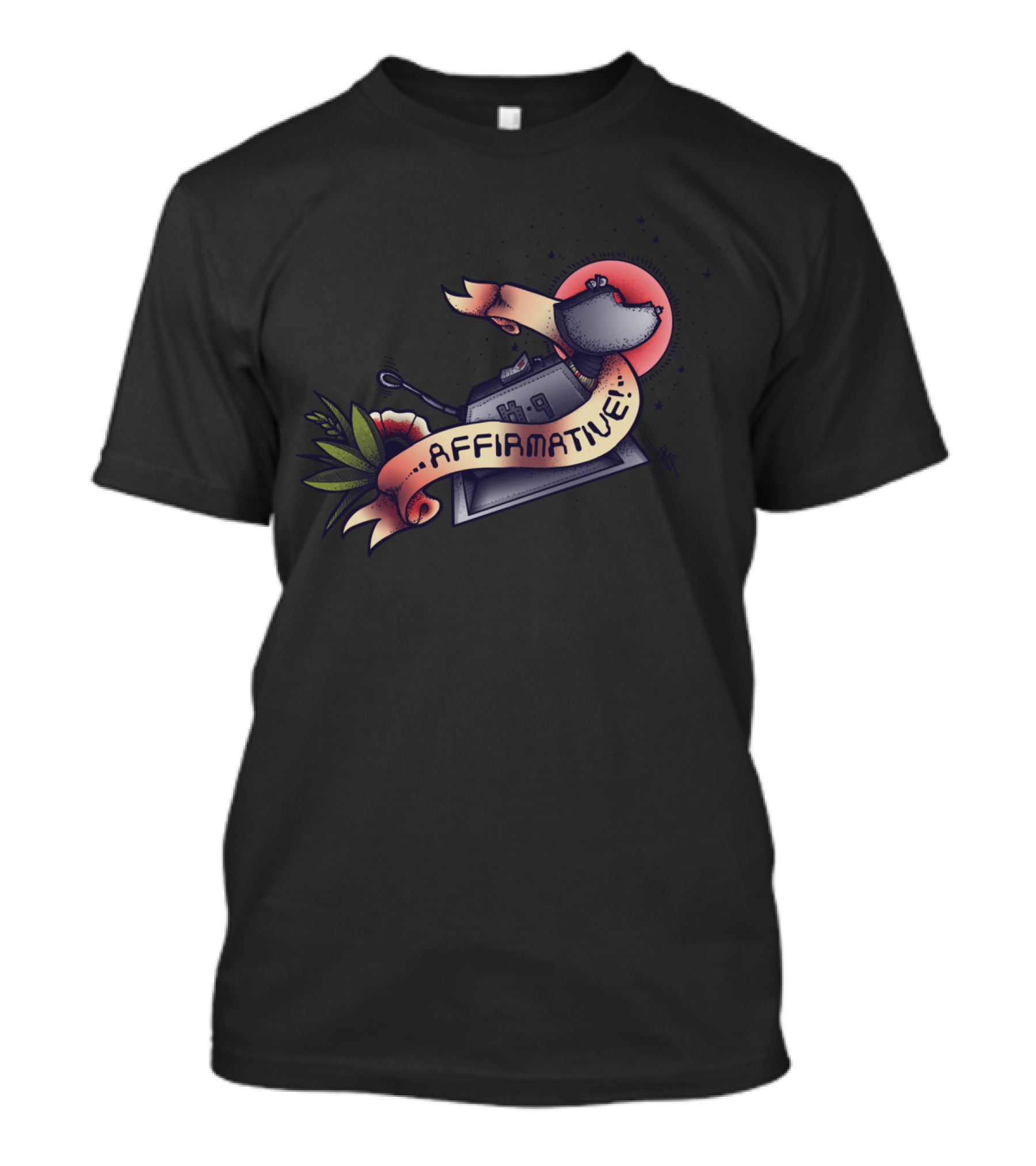 Affirmative Retro Robot With Floral Banner And Sunset Background T-Shirt