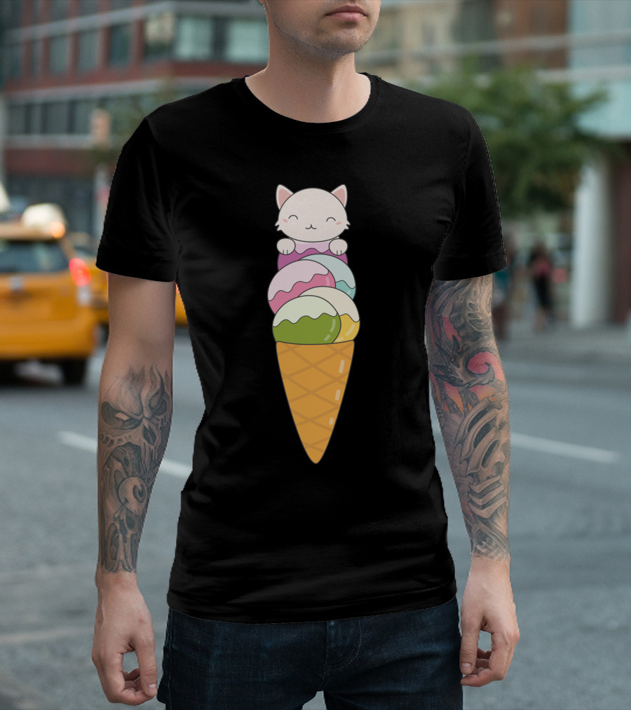 Kawaii Cute Ice Cream Cat Cone Pastel Colors T-Shirt