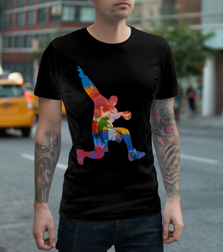 Basketball Dunk Silhouette With Multicolored Sporting Figures T-Shirt