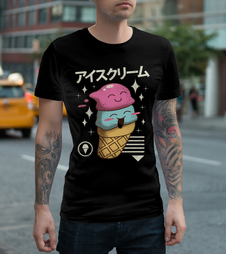 Kawaii Ice Cream Cute Smiling Cone Sparkles T-Shirt