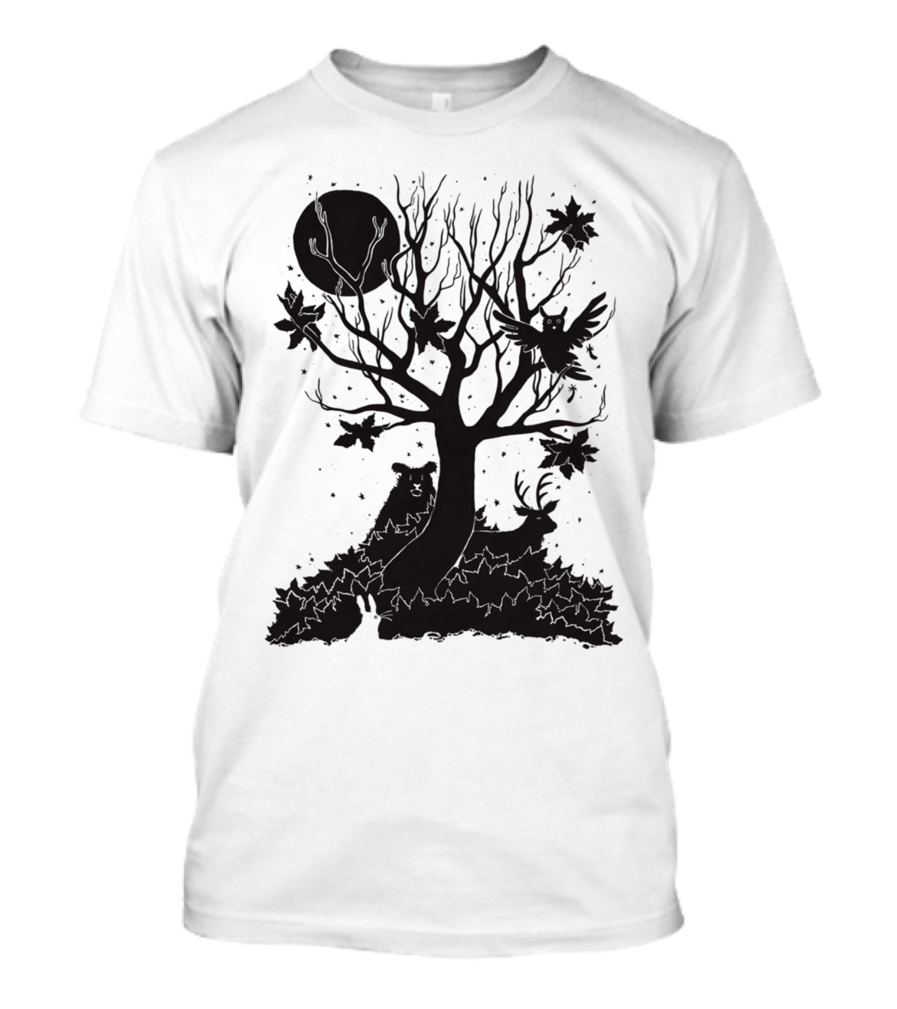 Autumn Forest Silhouette With Bear, Deer, Owl, And Rabbit Under Tree And Moon T-Shirt