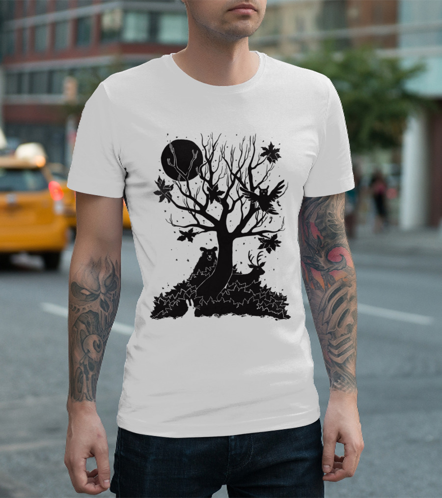 Autumn Forest Silhouette With Bear, Deer, Owl, And Rabbit Under Tree And Moon T-Shirt