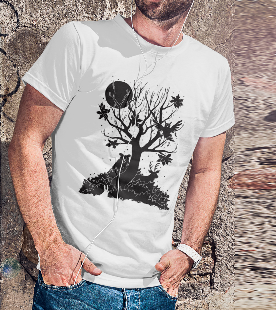 Autumn Forest Silhouette With Bear, Deer, Owl, And Rabbit Under Tree And Moon T-Shirt