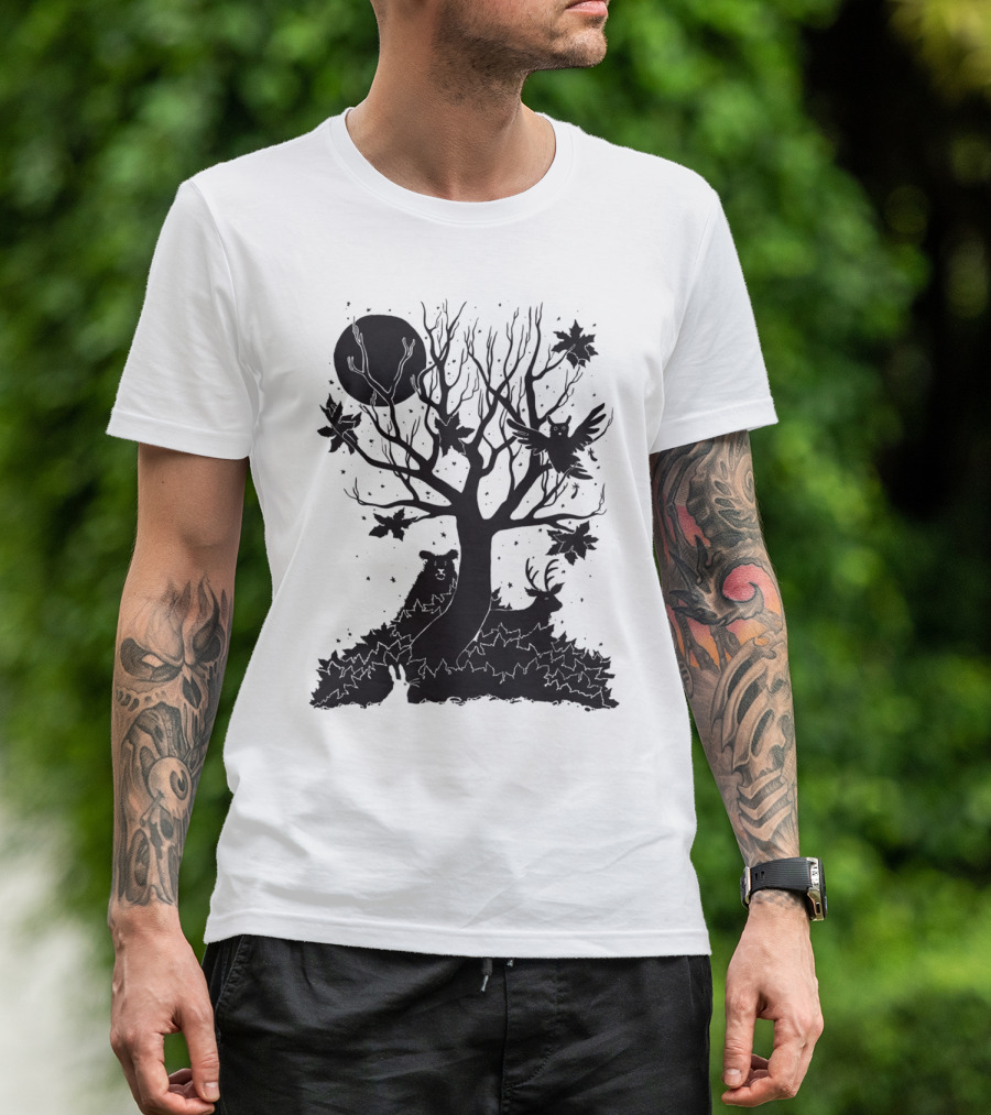 Autumn Forest Silhouette With Bear, Deer, Owl, And Rabbit Under Tree And Moon T-Shirt
