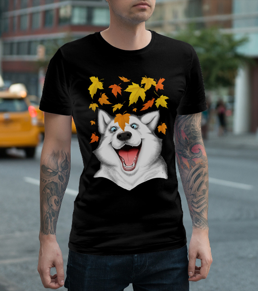 Playful Autumn Leaves with Excited Husky T-Shirt