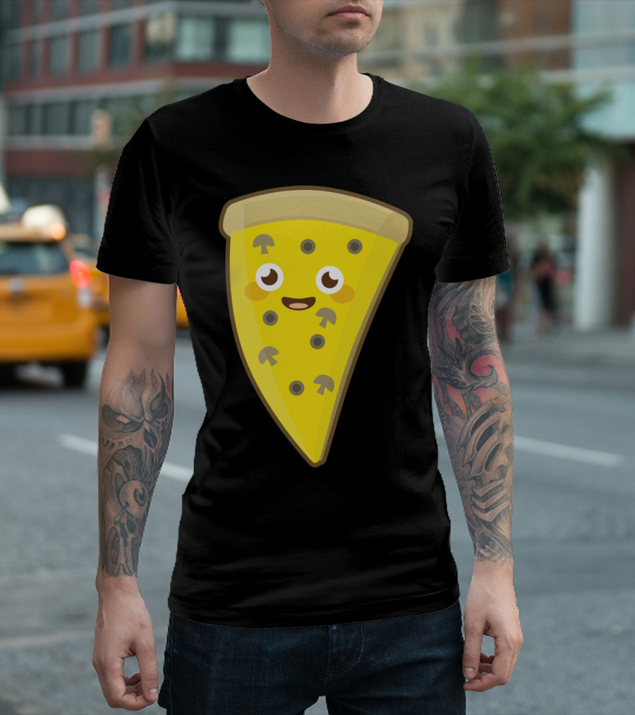 Kawaii Pizza Slice with Cute Face and Mushrooms T-Shirt