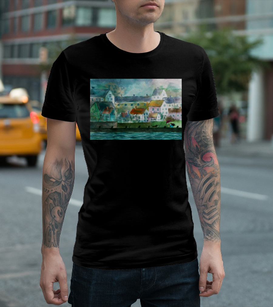 Big Bad Dog Coastal Village Houses Watercolor Scene T-Shirt