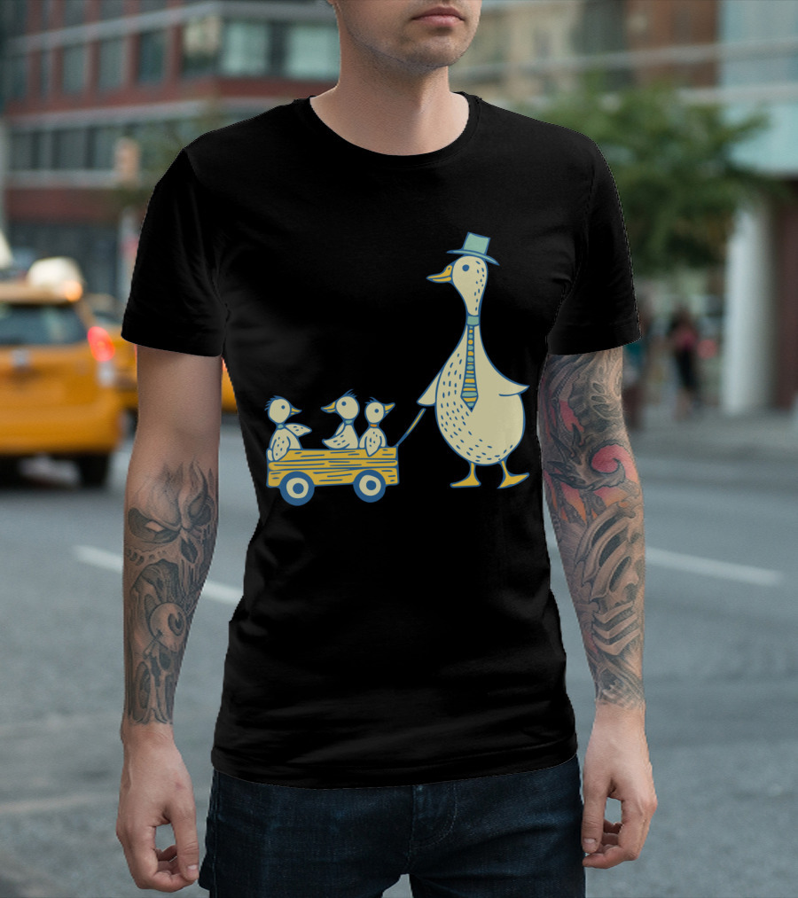 Daddy Duck with Three Ducklings in Wagon Wearing Tie and Hat T-Shirt