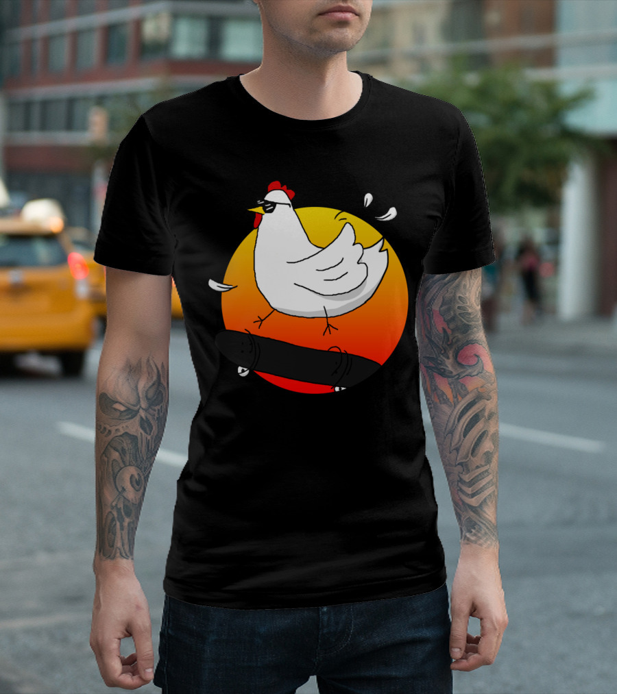 Cock A Doodle Cool Chicken Skateboarding Sunset T-Shirt