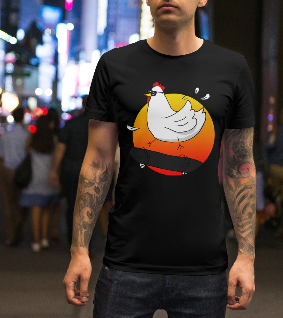 Cock A Doodle Cool Chicken Skateboarding Sunset T-Shirt