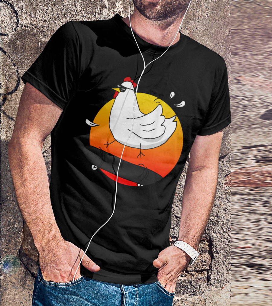 Cock A Doodle Cool Chicken Skateboarding Sunset T-Shirt