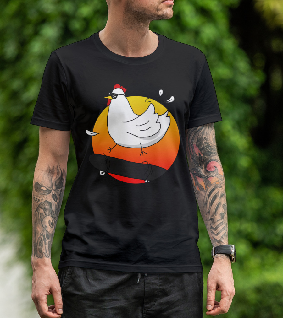 Cock A Doodle Cool Chicken Skateboarding Sunset T-Shirt