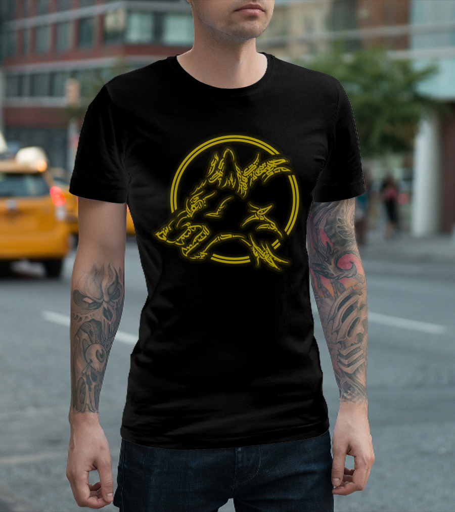 Gold Calligraphy Neon Wolf Three-Headed Circle T-Shirt